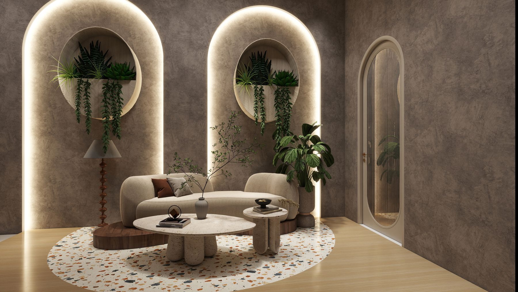Sala de espera con arcos iluminados, jardineras y sofá curvo