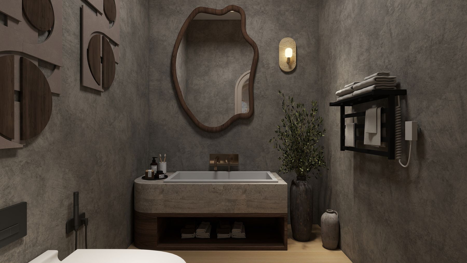 Baño con espejo orgánico y lavabo de piedra