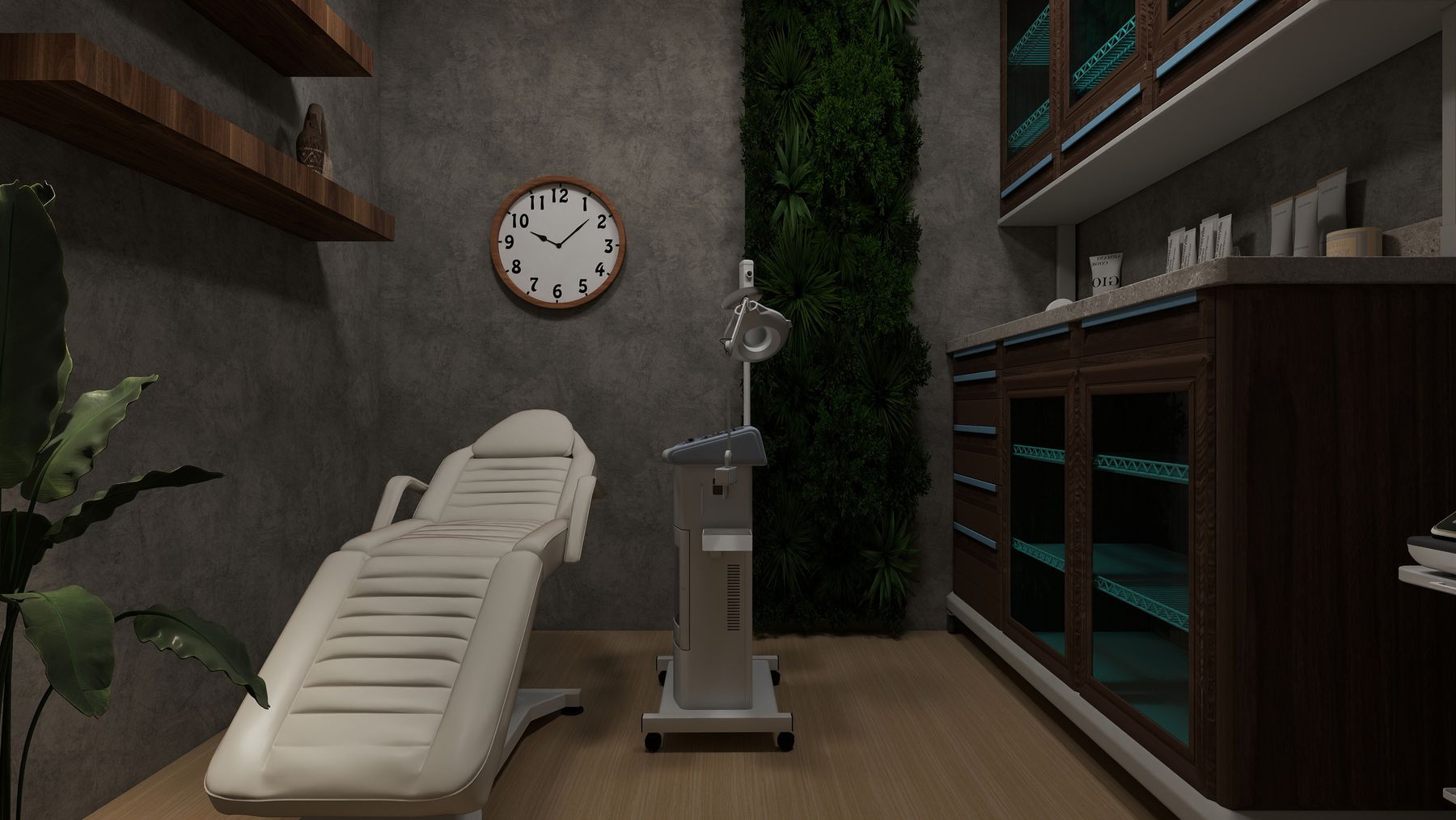 Cabina de cosmetología con camilla y jardín vertical