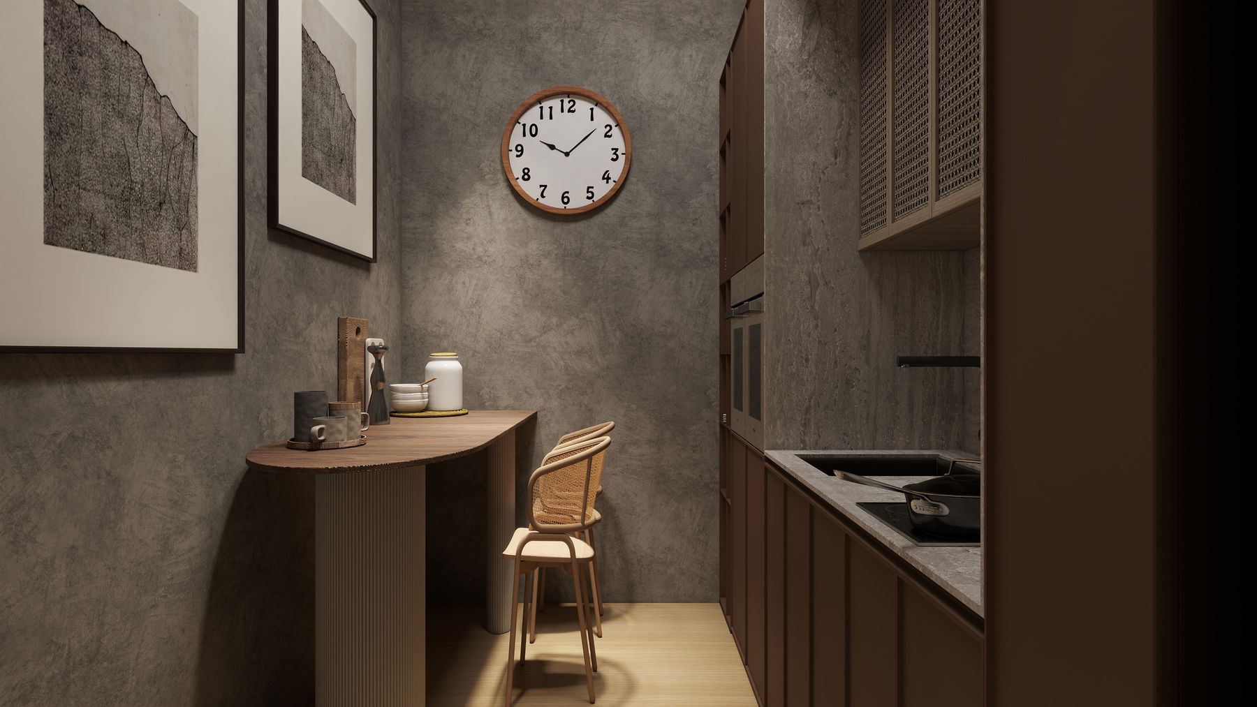 Área de trabajo con escritorio de madera y reloj