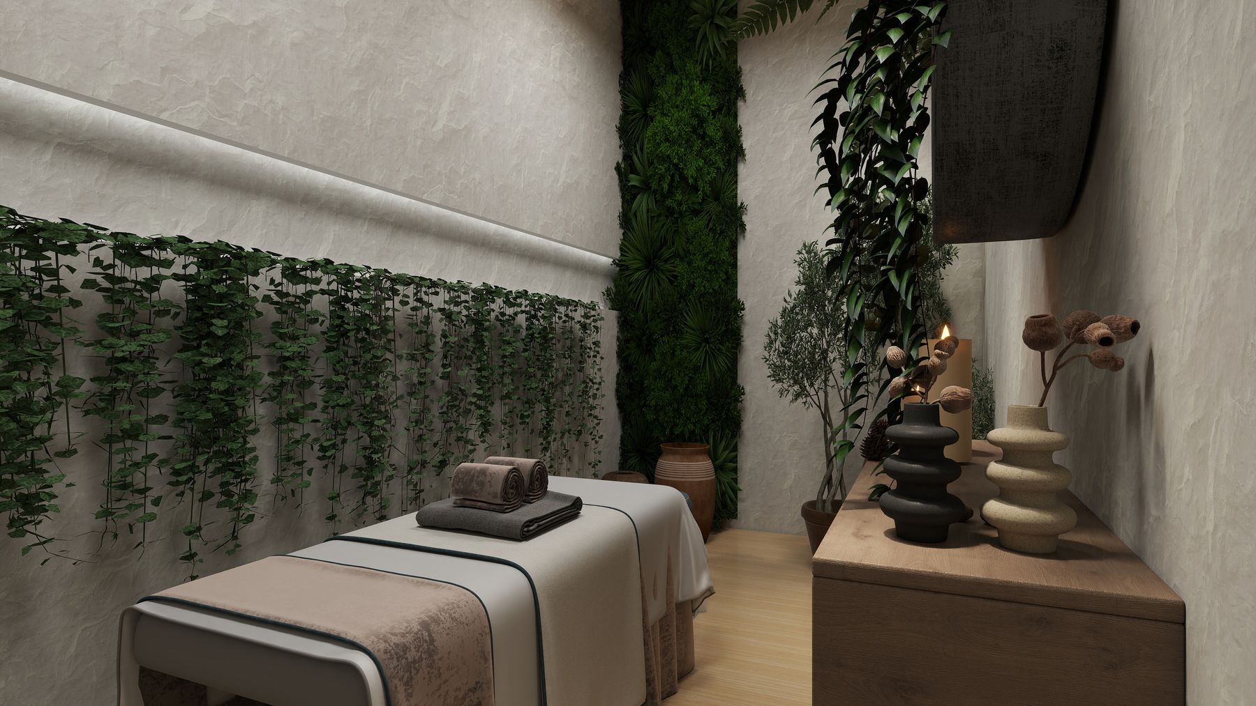 Sala de masajes con pared de plantas colgantes