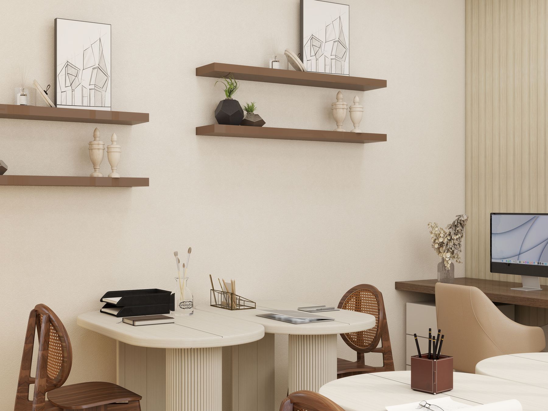 Sala de maestros con mesas redondas blancas, sillas de rejilla y repisas de madera