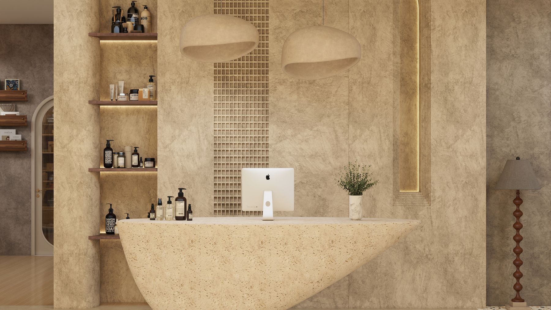 Recepción con mostrador de piedra y nicho con mosaico